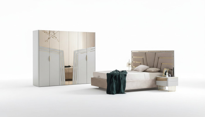 Moderne slaapkamerset - designerbed, 2 nachtkastjes, kledingkast
