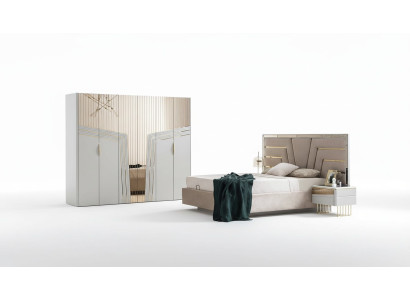 Moderne slaapkamerset - designerbed, 2 nachtkastjes, kledingkast