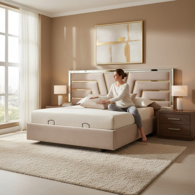 Beige slaapkamer tweepersoonsbed Stevig houten frame Designer gestoffeerd bed