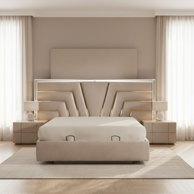 Beige slaapkamer tweepersoonsbed Stevig houten frame Designer gestoffeerd bed