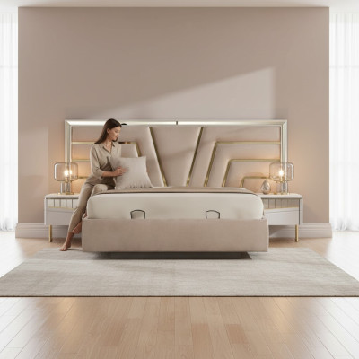 Beige slaapkamer bed, designer, 2x nachtkastjes, stijlvolle set van 3 delen.