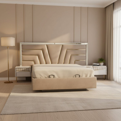 Beige slaapkamer bed, designer, 2x nachtkastjes, stijlvolle set van 3 delen.
