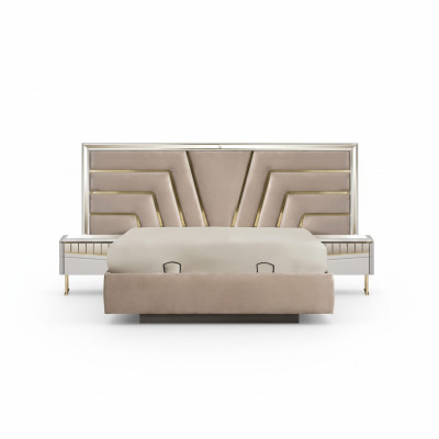 Beige slaapkamer bed, designer, 2x nachtkastjes, stijlvolle set van 3 delen.