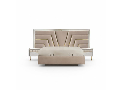 Beige slaapkamer bed, designer, 2x nachtkastjes, stijlvolle set van 3 delen.