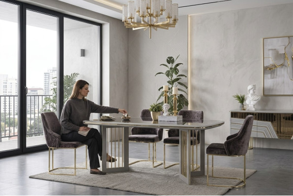 Eetkamerset Moderne eetkamerset Eettafel 4x Stoelen Dressoir Set
