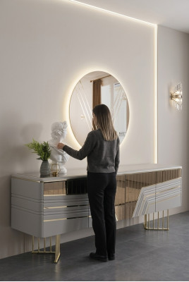 Moderne zilveren dressoir ronde spiegel LED-verlichting ontwerper 2-delige set