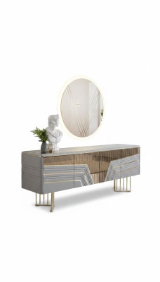 Moderne zilveren dressoir ronde spiegel LED-verlichting ontwerper 2-delige set