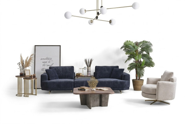 Blauwe driezitter Witte fauteuil Designer woonkamerbank 2-delig