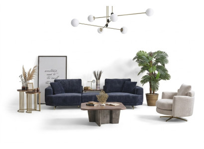 Blauwe driezitter Witte fauteuil Designer woonkamerbank 2-delig