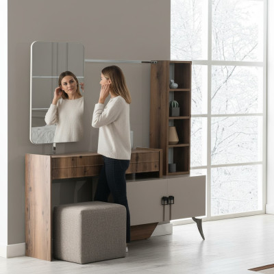 Moderne slaapkamer houten make-uptafel met spiegel, ontwerper luxe meubels.