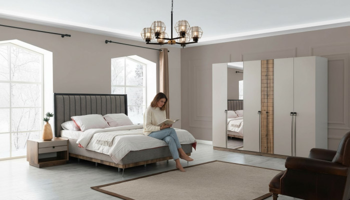 Slaapkamer moderne set textiel tweepersoonsbed hout kledingkast 4-delig