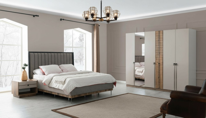 Slaapkamer moderne set textiel tweepersoonsbed hout kledingkast 4-delig