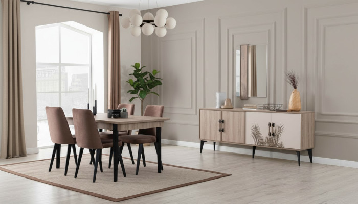 Bruine eetkamerset luxe eettafel 4 stoelen dressoir spiegel