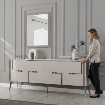 Moderne eetkamerset met design dressoir met 4 deuren, luxe spiegel, 2-delig.