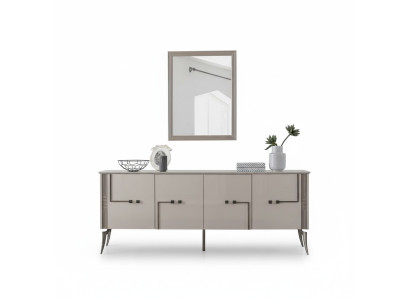 Moderne eetkamerset met design dressoir met 4 deuren, luxe spiegel, 2-delig.