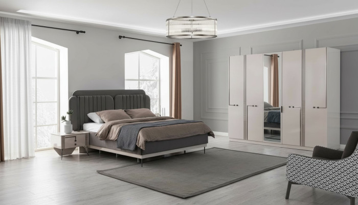 Moderne slaapkamer set, tweepersoonsbed, nachtkastje, kledingkast, luxe