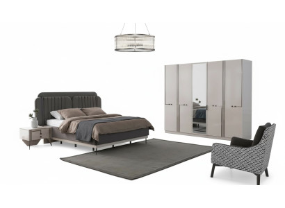 Moderne slaapkamer set, tweepersoonsbed, nachtkastje, kledingkast, luxe