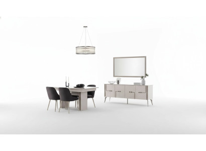 Oudwitte eetkamerset Grote eettafel 4x textiel stoelen dressoir