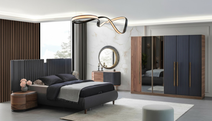 Zwart-beige slaapkamer set, ontwerper tweepersoonsbed, 2 nachtkastjes.