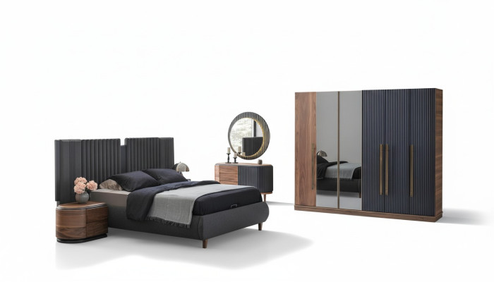 Zwart-beige slaapkamer set, ontwerper tweepersoonsbed, 2 nachtkastjes.
