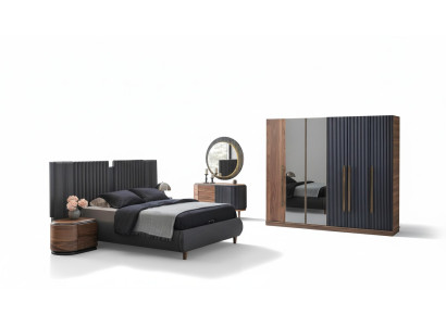 Zwart-beige slaapkamer set, ontwerper tweepersoonsbed, 2 nachtkastjes.