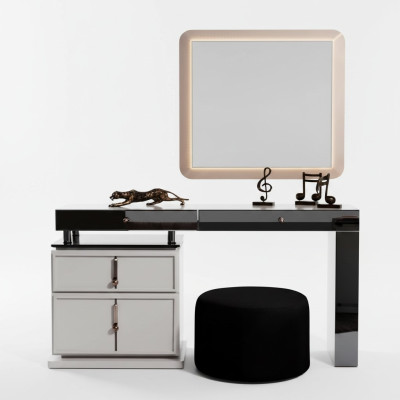 Witte kaptafel met ontwerper rechthoekige spiegel en gestoffeerde kruk, 3-delige set.