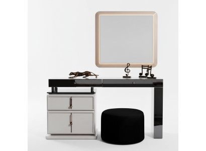 Witte kaptafel met ontwerper rechthoekige spiegel en gestoffeerde kruk, 3-delige set.