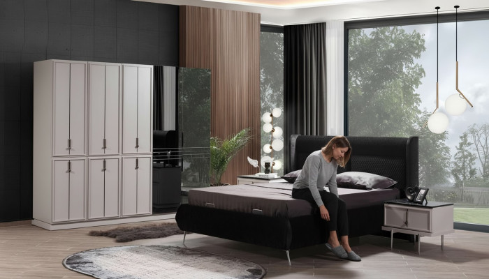Moderne zwart-witte slaapkamer meubels, gestoffeerd bed, nachtkastjes 4-delig.