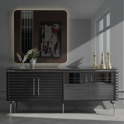 Stijlvolle eetkamerset luxe zwarte dressoir spiegel houten meubels