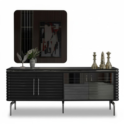 Stijlvolle eetkamerset luxe zwarte dressoir spiegel houten meubels