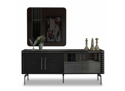 Stijlvolle eetkamerset luxe zwarte dressoir spiegel houten meubels