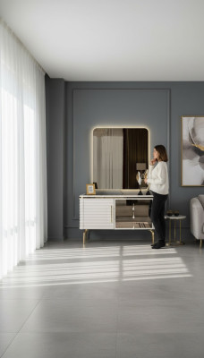 Stijlvolle witte commode met ronde LED-spiegel Slaapkamer set 2-delig