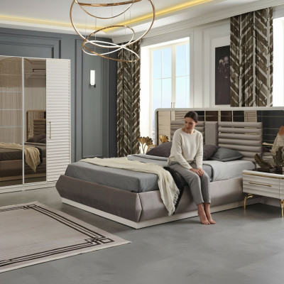 Moderne slaapkamer meubels Ontwerper tweepersoonsbed 2x houten nachtkastjes 3-delig