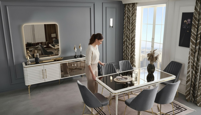 Witte-grijze eetkamerset Houten tafel 6x textiel stoelen dressoir 9-delig