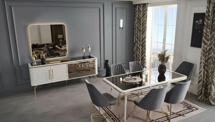 Witte-grijze eetkamerset Houten tafel 6x textiel stoelen dressoir 9-delig