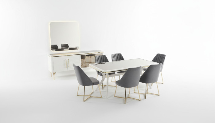 Witte-grijze eetkamerset Houten tafel 6x textiel stoelen dressoir 9-delig