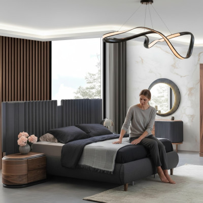 Moderne Grijze Slaapkamer Set Stoffen Bed Houten Nachtkastjes Commode