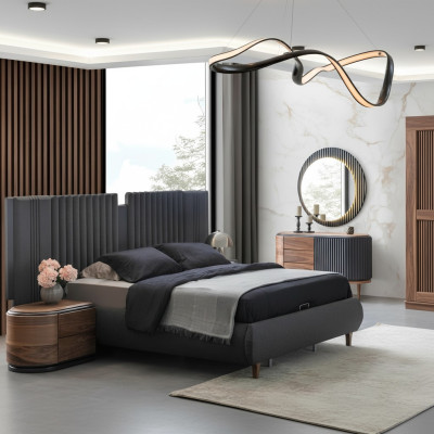 Moderne Grijze Slaapkamer Set Stoffen Bed Houten Nachtkastjes Commode