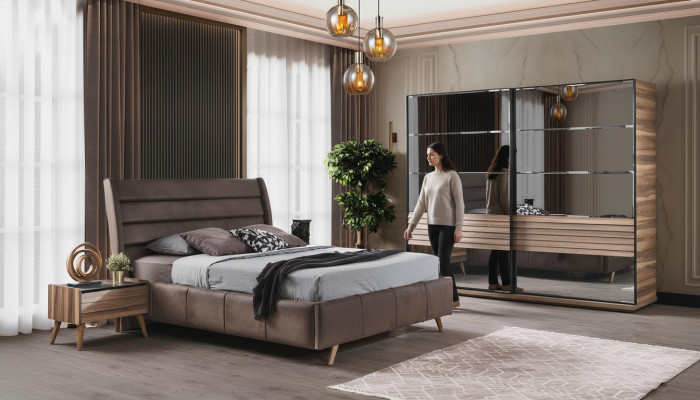 Moderne slaapkamer meubels Gestoffeerd tweepersoonsbed Houten nachtkastjes Kast