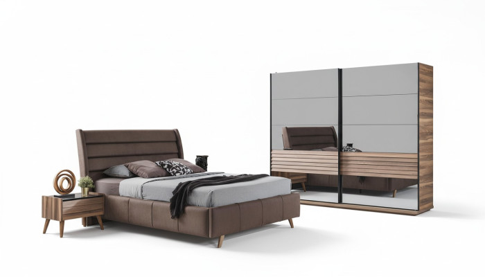 Moderne slaapkamer meubels Gestoffeerd tweepersoonsbed Houten nachtkastjes Kast