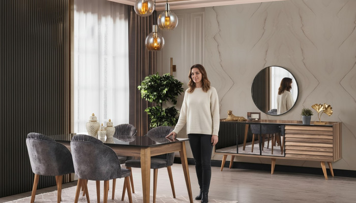 Complete bruine eetkamerset eettafel 4 stoelen dressoir 7-delig