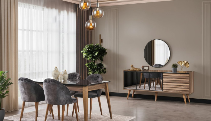 Complete bruine eetkamerset eettafel 4 stoelen dressoir 7-delig