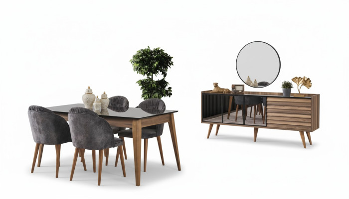 Complete bruine eetkamerset eettafel 4 stoelen dressoir 7-delig