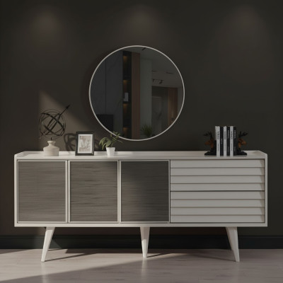 Wit dressoir Luxe ronde spiegel Designer houten meubels 2-delig set Nieuw