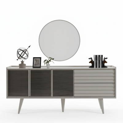 Wit dressoir Luxe ronde spiegel Designer houten meubels 2-delig set Nieuw