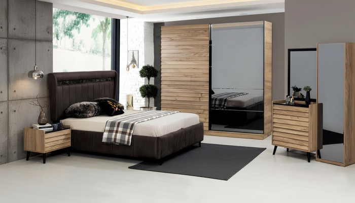Slaapkamer meubels Ontwerper Bed met gestoffeerde hoofdeinde 2x Nachtkastjes Kledingkast