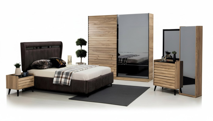 Slaapkamer meubels Ontwerper Bed met gestoffeerde hoofdeinde 2x Nachtkastjes Kledingkast