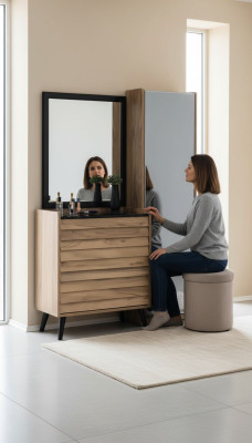 Bruine hoge ladekast met spiegel Designer slaapkamer console 2-delige set