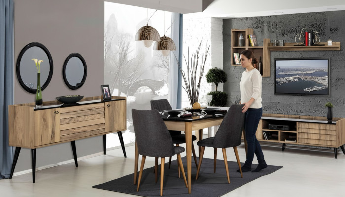 Zwart-bruine eetkamerset Eettafel 4x stoelen Dressoir Spiegel 8-delig