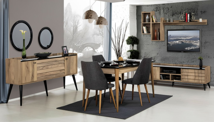 Zwart-bruine eetkamerset Eettafel 4x stoelen Dressoir Spiegel 8-delig